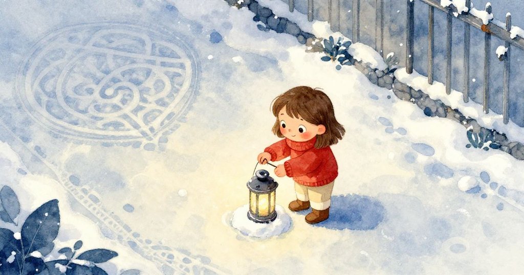 從高處俯瞰，Joy專心在雪板上搭建雪燈，雪路精緻排列，展露出專注與堅毅的神情。