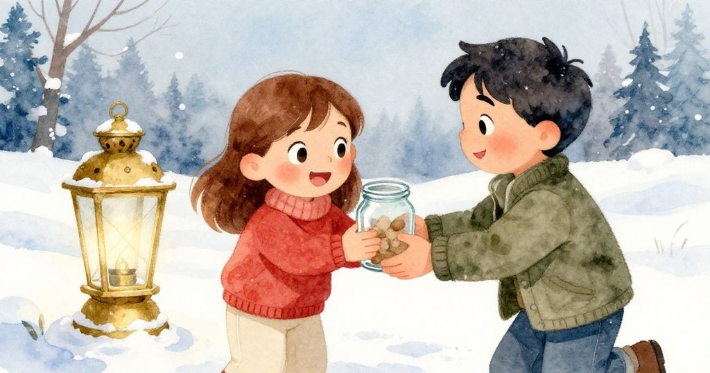 驚喜時刻，Joy與Paul在雪燈前互動，Paul遞上玻璃罐，兩人面露喜悅共享創作美好。