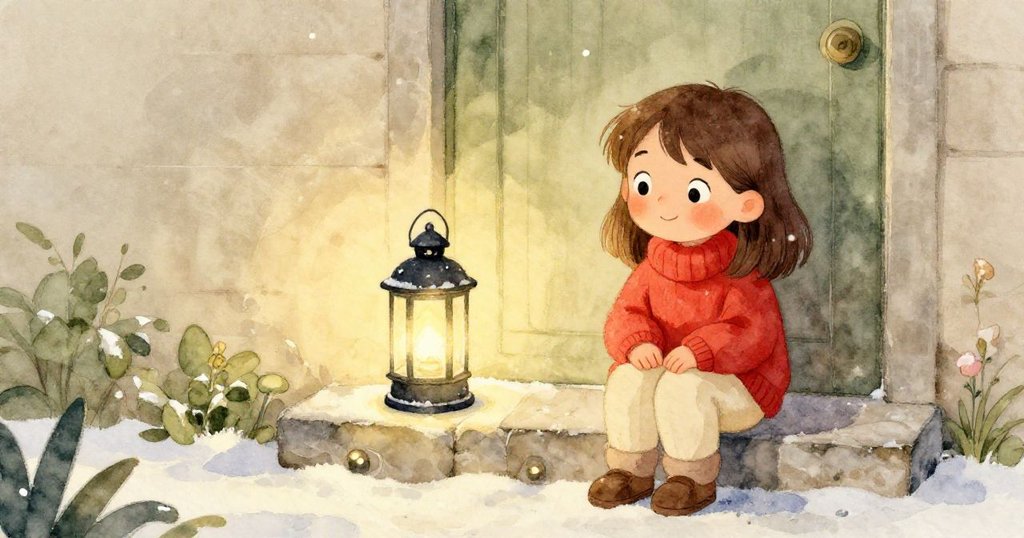 日暮之後，Joy在石階旁靜坐欣賞雪燈透出柔光，臉上流露出寧靜與成就，溫馨安詳。