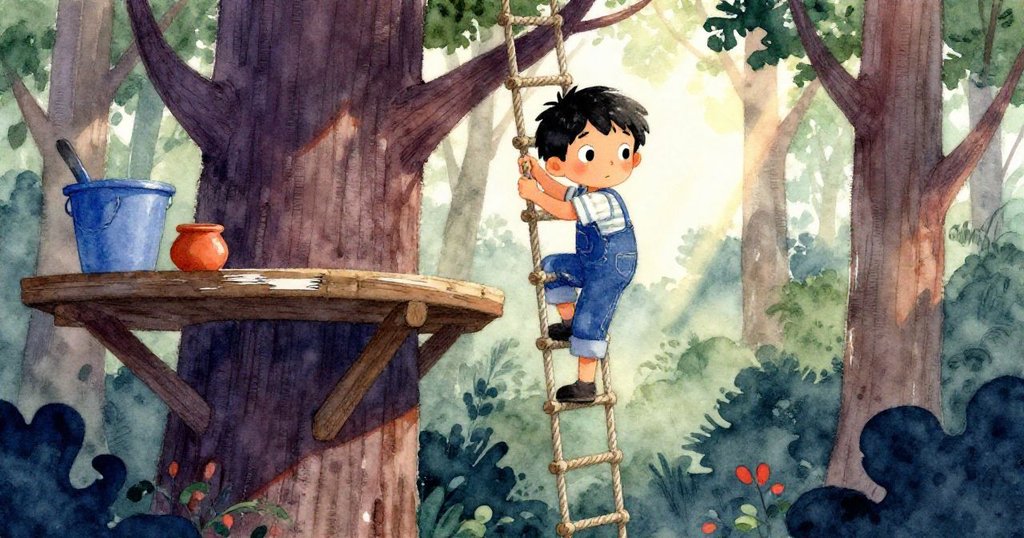 格林在半建樹屋前攀爬繩梯,背景有藍色桶、陶罐與樹幹,神情專注勇敢迎向冒險。