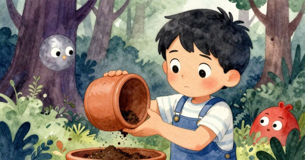 格林靜止中檢視倒置陶罐,手觸細膩泥土與樹皮反映冒險中深思的情感。