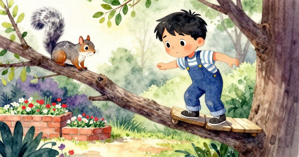 格林在春日搖擺平台上平衡,樹枝上灰松鼠搖尾觀察,背景花園明亮生機勃勃。