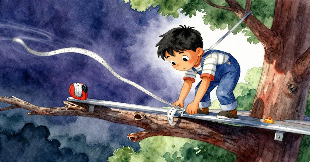 格林在風中調整金屬條,平台劇烈搖晃中測量捲尺模糊,動作迅速展現冒險挑戰。