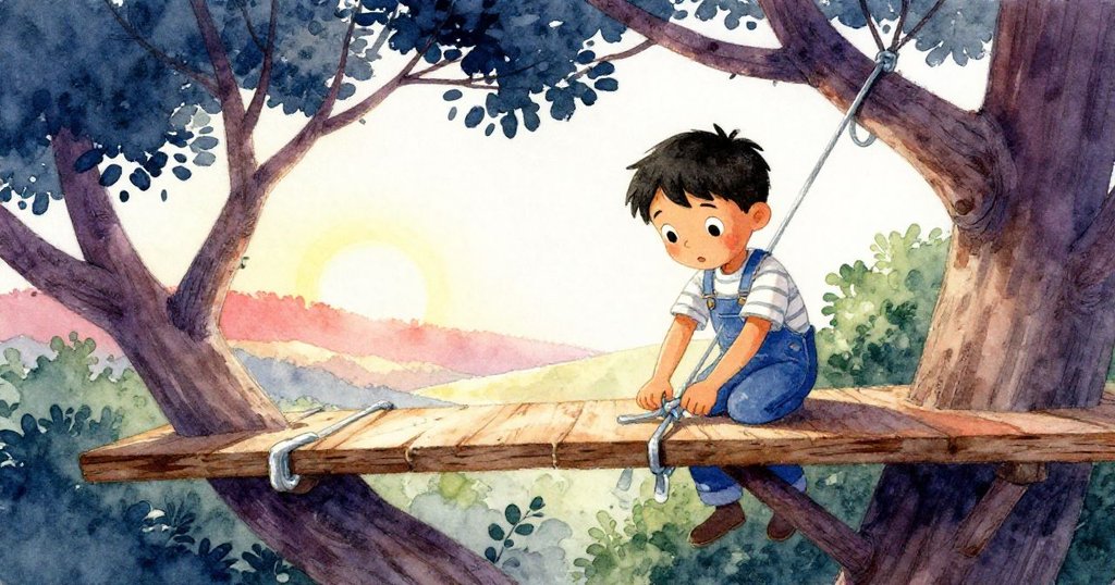 格林穩定綁好最後結,滿懷成就感在樹屋平台上踏向新希望,陽光溫暖映照未來。