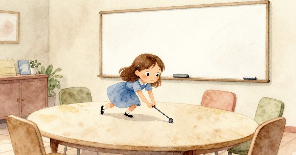 Nina斜角鏡頭中在會議室推動插頭，白板上乾墨飄散，她滿懷好奇迎向未知開始，畫面充滿神秘氣息。