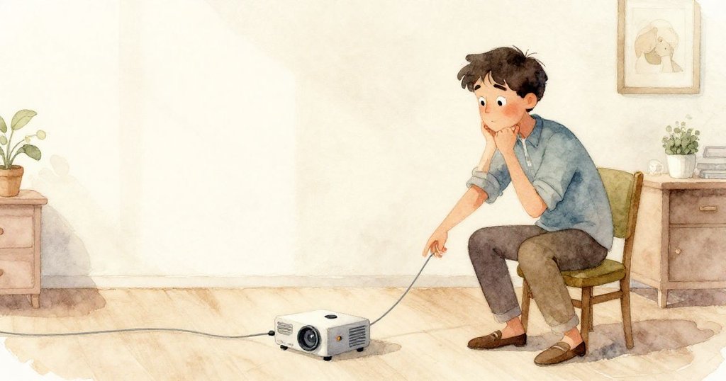 Grant在寬廣空間中專注引導電纜，投影機若隱若現，空白處增添靜謐氛圍，表情專注而堅定。