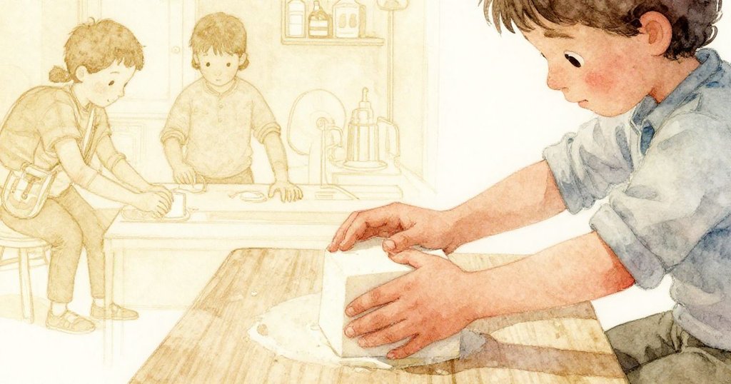 Grant用手細心揉捏泡沫塊，投影機鏡頭隱約在背景展現層次，他神情沉穩且專注於細節操作。