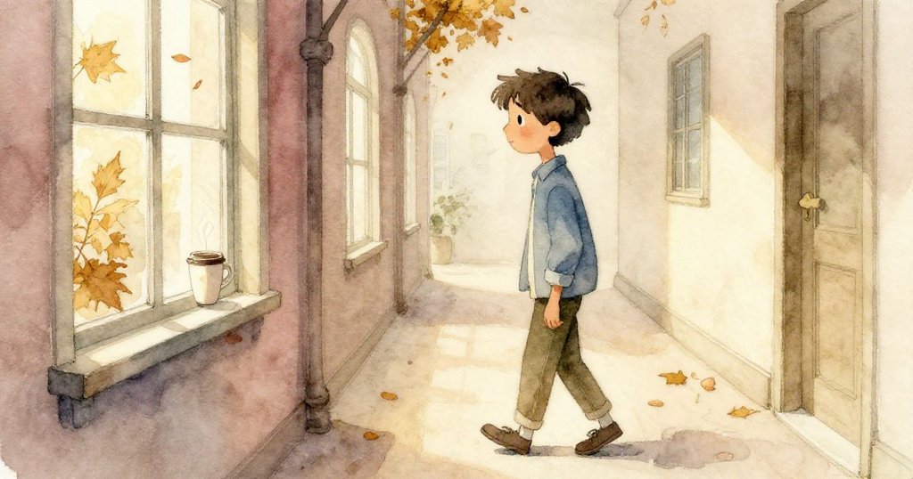 Grant步出會議室走向秋意走廊，窗外落葉飄零，濃郁咖啡香隨空氣流動，他神情中透露期待與轉變。