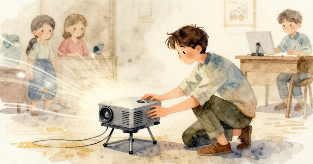 Grant動態俯身調整投影機支架，手觸涼塑料面板，動感軌跡清晰呈現他專注與細心的動作。