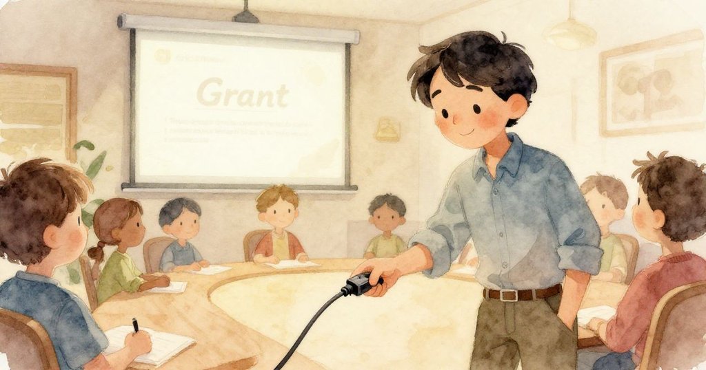 Grant滿意地拔下電纜藏入口袋，投影全屏呈現，畫面循環呼應初始動作，顯露技術完成與平靜情緒。