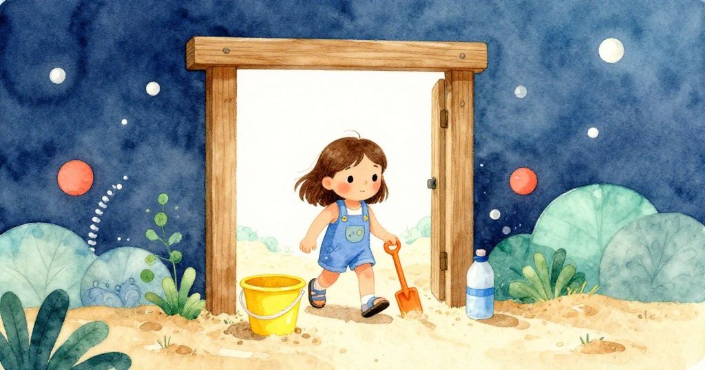 Pia進入戶外沙坑，蹲在木框門旁，旁邊擺有黃色水桶、焦糖色鏟子和半滿水瓶，陽光灑落投下長影，充滿期待與好奇。