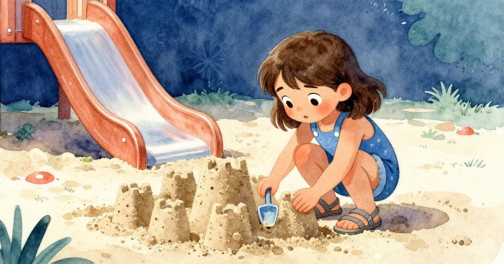 Pia在沙坑中專注堆沙堡，用小鏟子分層建構，臉上流露堅毅與認真，手中觸感細膩沙粒，場景溫暖光亮。