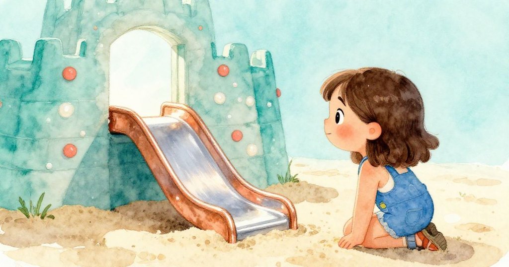 Pia在沙堡間停下腳步，凝望金屬滑梯上閃爍銅光，眼神充滿沉思與驚奇，光影交錯營造秘密窗口感。