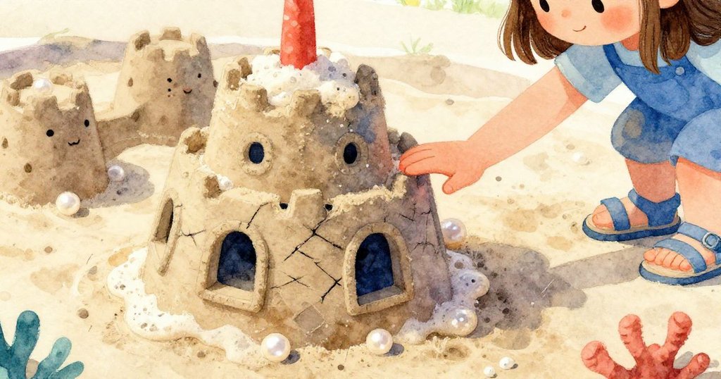 Pia在半成品沙堡中輕觸裂縫間形成的微小窗口，雙指細膩探索不均沙質紋理，展現創意與適應力，溫暖光線灑落。