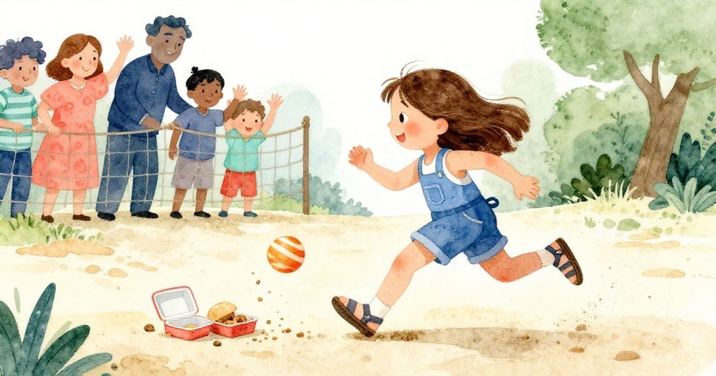 Pia迅速撿起橙條橡膠球奔跑於沙坑中，午餐盒掉落散裂小麥卷，遠處有年長孩童揮手呼喚，動感十足。