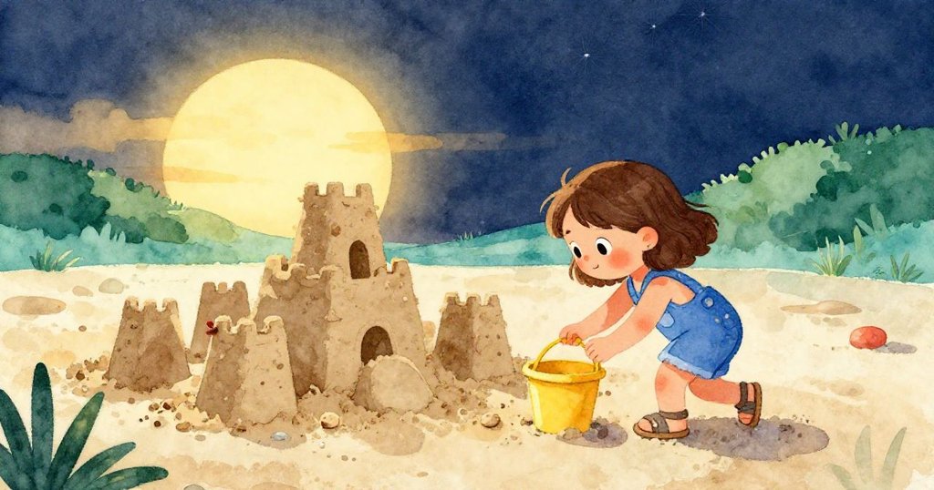 Pia在夕陽餘暉中返回沙坑，溫暖光線映照著沙堡外硬內軟的質感，她輕伸手觸摸熟悉的黃色水桶，滲透著滿足與沉思。