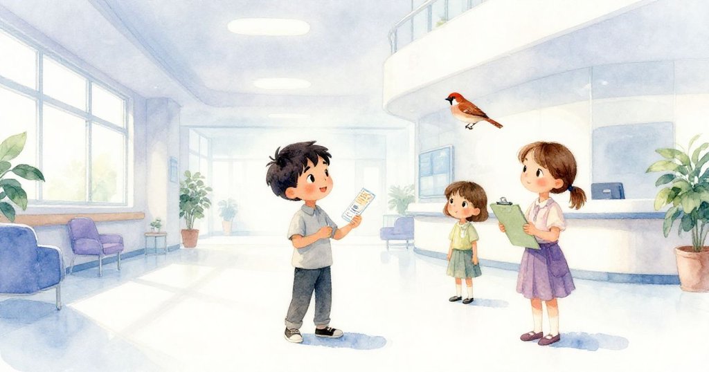 多利安拿票、花拉持資料夾,在柔和晨霧籠罩的走廊中互動,麻雀跳躍於瓷磚上,場景寧靜溫馨