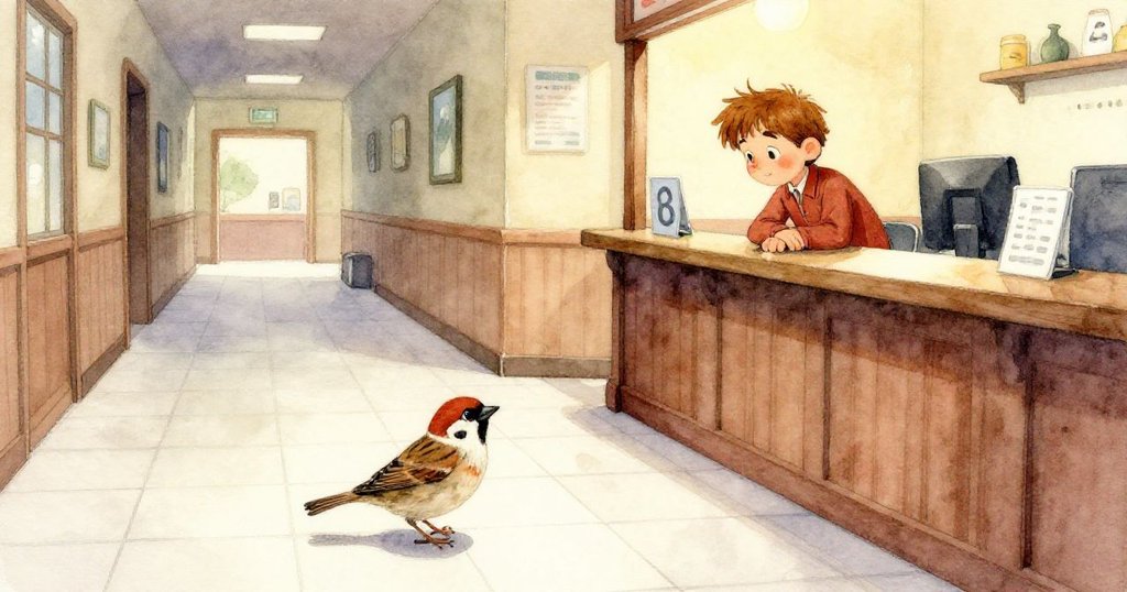 從高處窗邊觀察,麻雀穩坐溫暖窗台上,黏貼標籤宛如焦糖緩緩滑落,詩意盎然