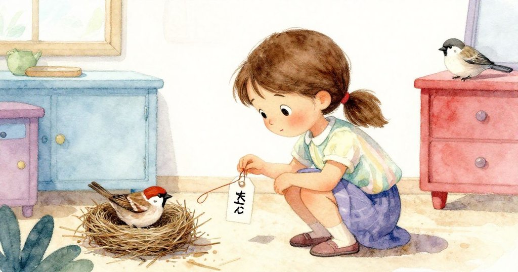 花拉蹲下檢視標籤碎片,臉上驚喜表情明顯,麻雀忙著築巢,場景充滿創意細膩韻味