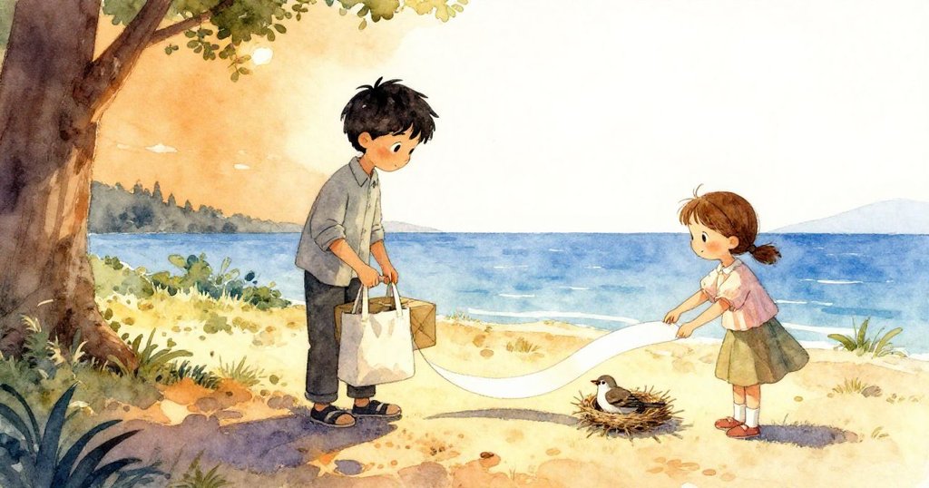 傍晚微光中多利安放置包裹,花拉輕滑紙片至築巢麻雀旁,陰影拉長呈現溫馨勝利結局