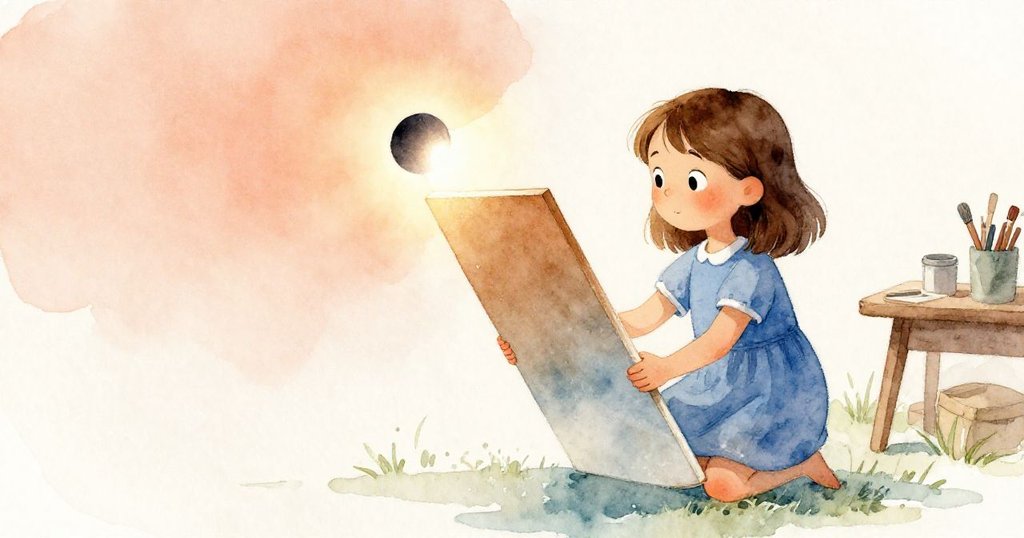 Nell專注調整傾斜的畫板,濕潤的木紋與紙面細節呈現,暖色陽光下呈現出開場奮鬥情境