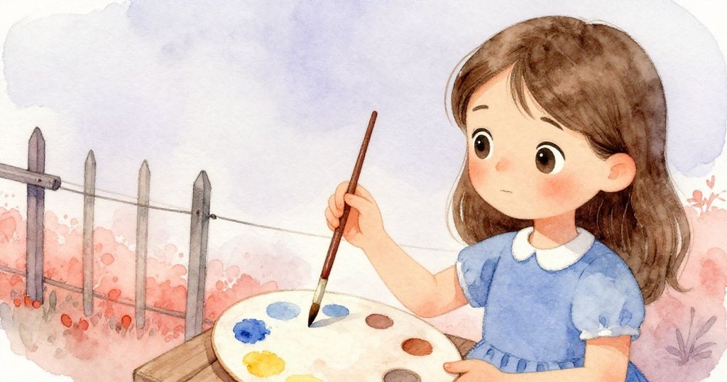 Nell專注地混合顏料,細膩筆觸描繪象徵意義的遠處圍欄,展現創作過程的溫暖發展