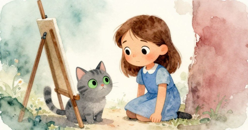灰色小貓蹲伏在畫架旁,好奇觀察Nell作畫,透過隙縫呈現發展中溫馨互動場景