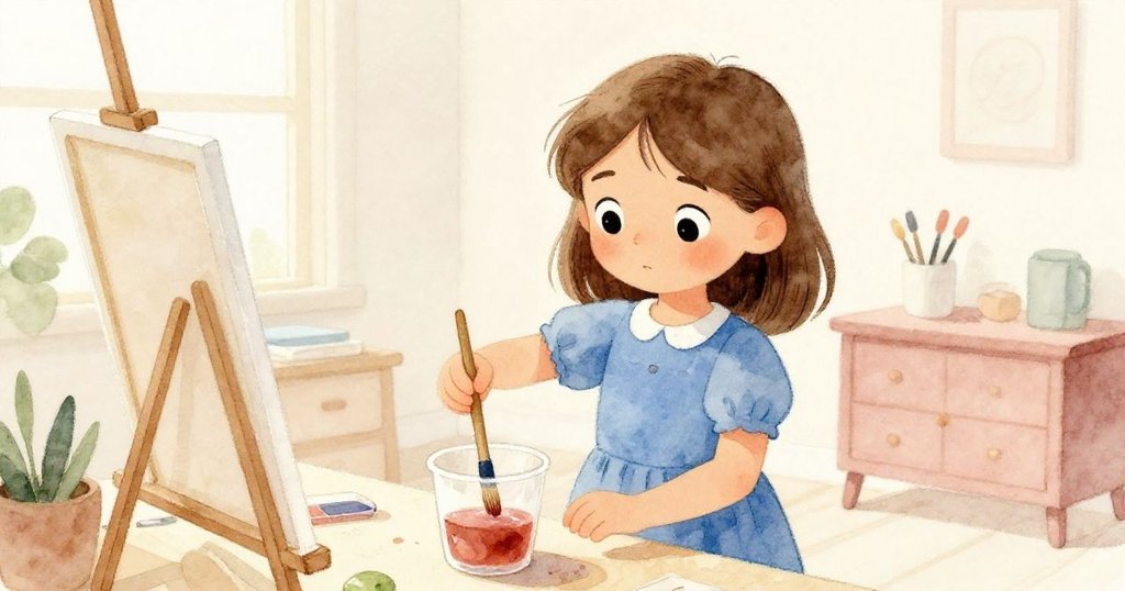 Nell在明亮工作室中輕輕蘸取檸檬水般顏料,內心堅定,環境溫馨充滿藝術小品,發展轉折情境