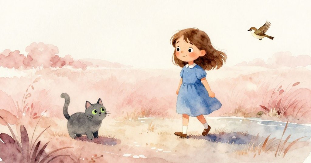 Nell滿意微笑欣賞連綿光澤的畫作,灰貓溫柔陪伴,鴿子展翅飛翔,共同呈現結局和諧喜悅情感