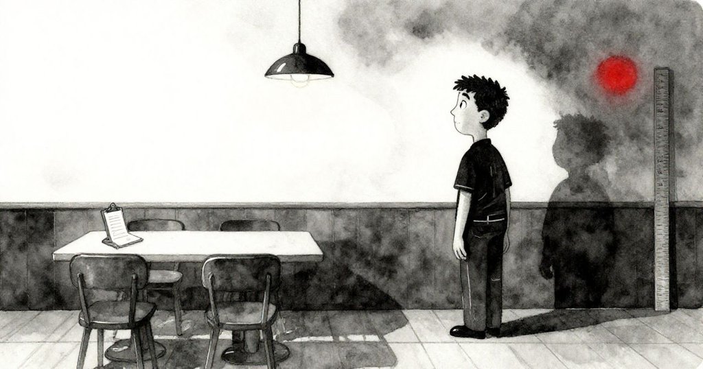 Ben在餐廳入口區觀察剪貼板與掛燈反射，神情好奇，室內氛圍中透露著初始故事的雙重感。