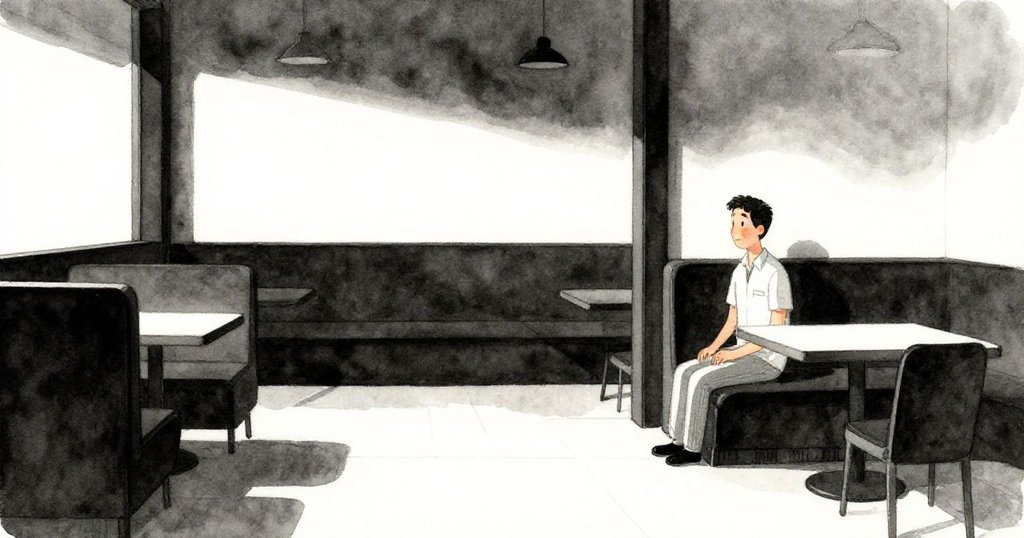 Ben站在空曠入口邊等待，背景大量留白營造出期待感，眼中閃爍著微妙情緒，氛圍清冷。