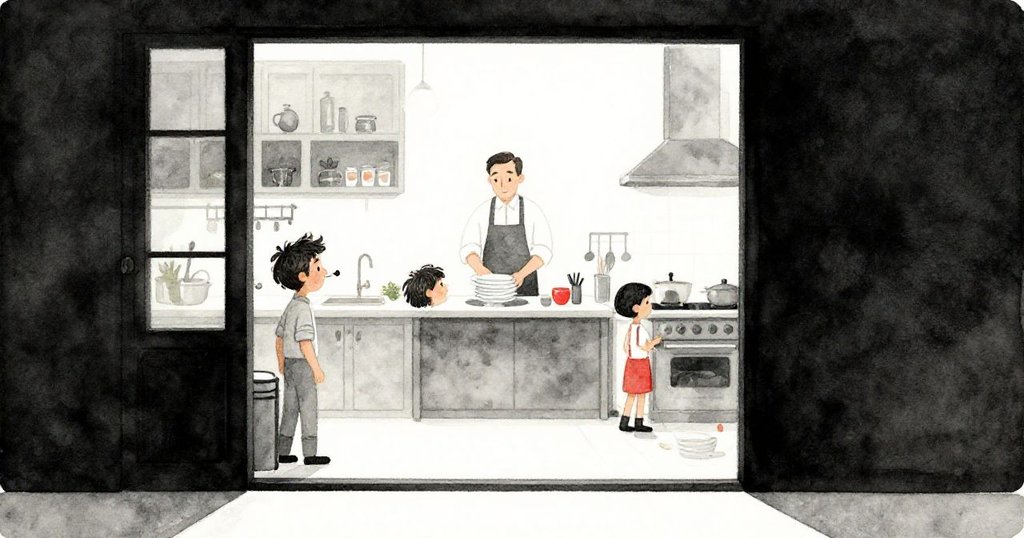 Ben透過玻璃門凝望廚房，服務生擦拭餐盤，室內外光影錯落，情緒由平靜逐漸轉向緊湊。