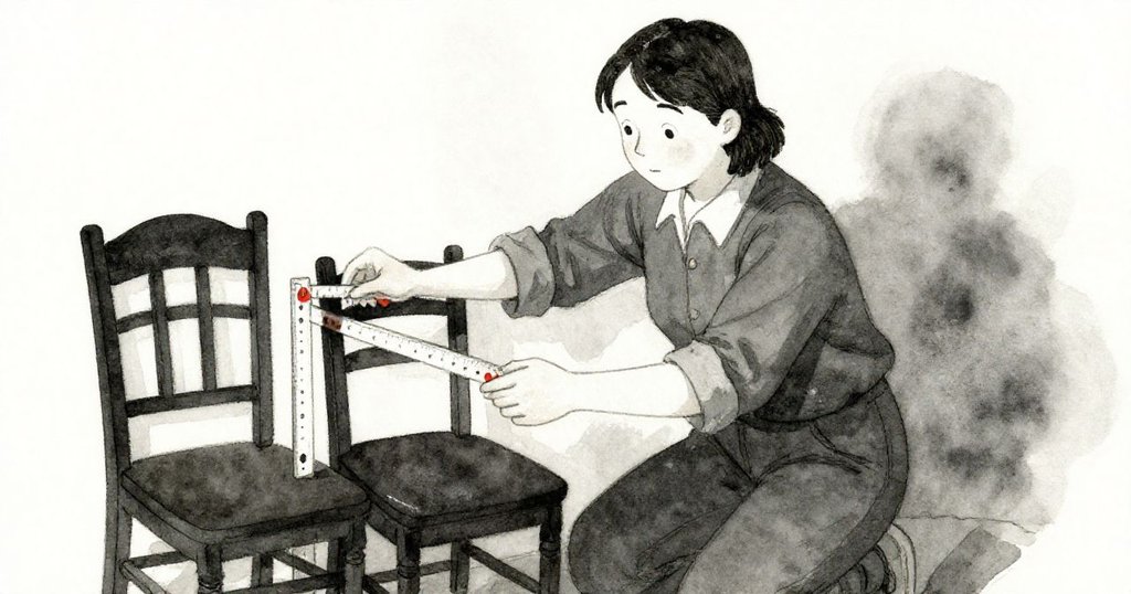 Host正用捲尺測量椅間空隙，畫面充滿懷舊溫柔光線，細節動作呈現用心與安全意識。