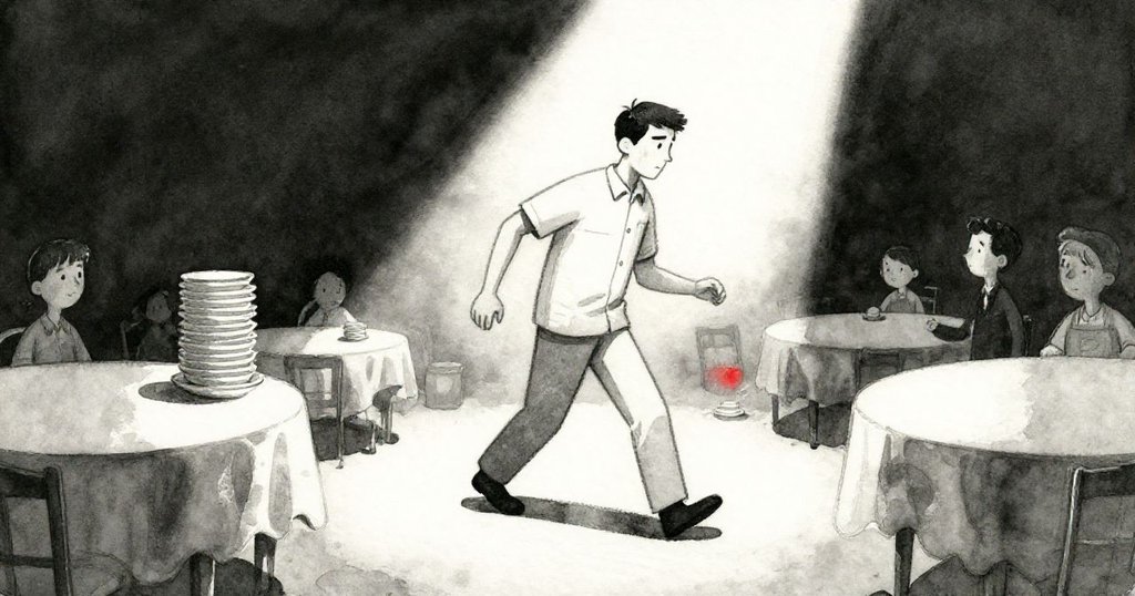 Ben在擁擠餐廳中堅定邁步，面部神情流露決心，動態餐具與桌子呈現緊張壓力，情節達到高潮。