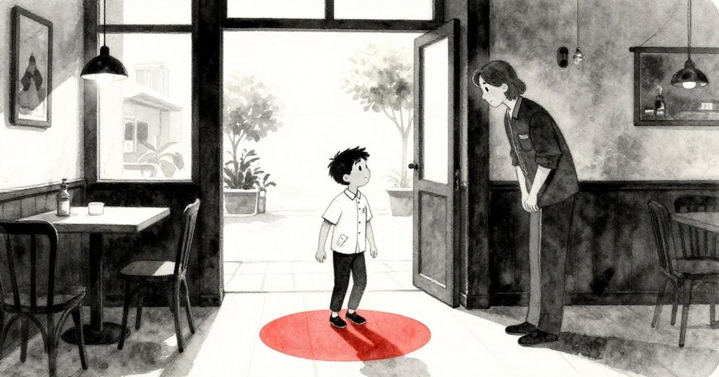 Ben踏入紅圈亮地，神情深思，室內過渡至陽光庭院，Host點頭致意，畫面寓意新開始與未來希望。