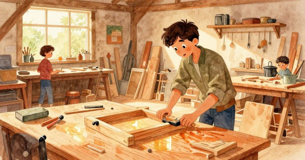 奎因在明亮工作室中專注操作木框,夾具固定松木板但角落鬆動,臉上流露堅毅與希冀。