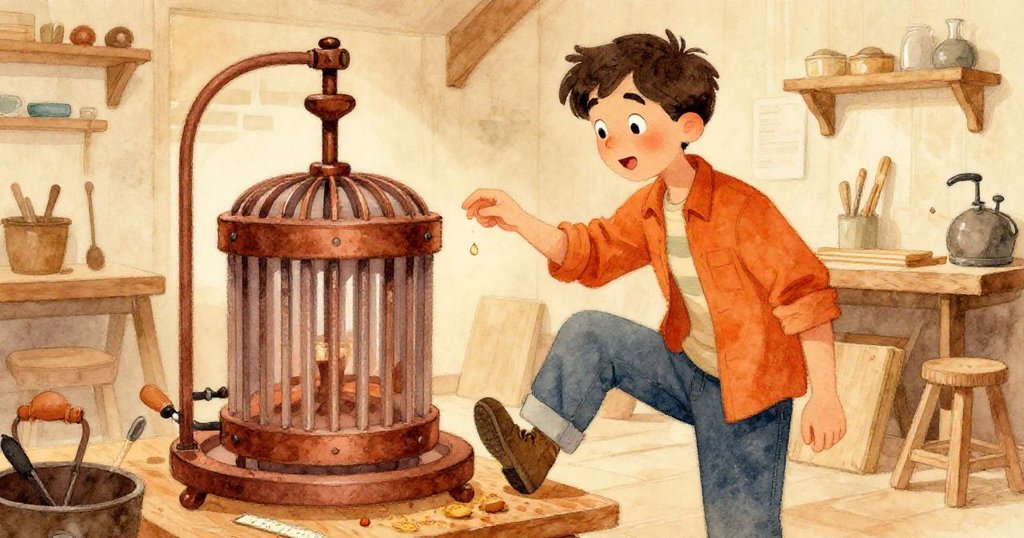 奎因小心走近工作桌,注視著尺上流動的水珠,腳步穩健,周圍散發著溫暖木質質感。