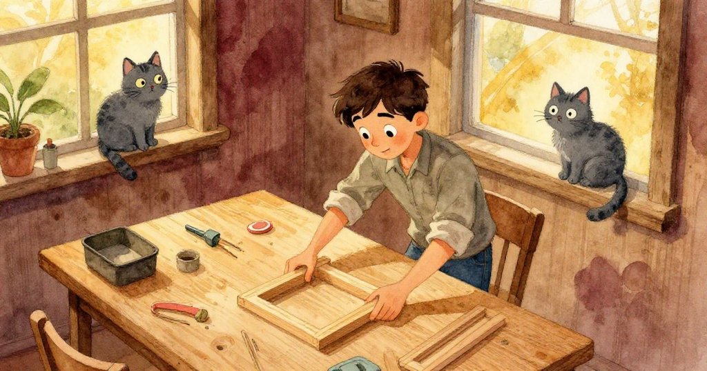 灰貓伊凡從窗臺上俯瞰奎因調整木框,工作桌上細節豐富,陽光柔和,彌漫靜謐觀察氛圍。