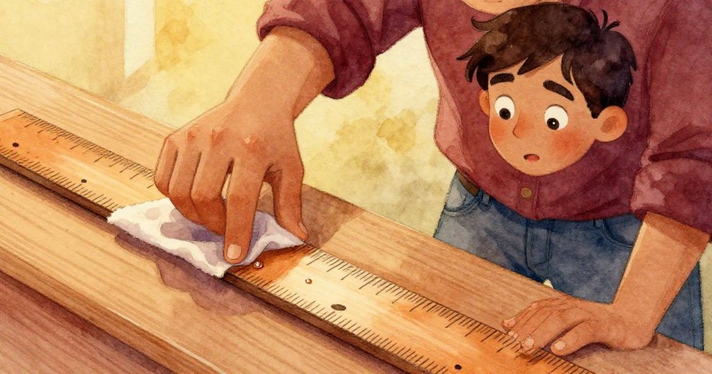 奎因用抹布擦拭尺上閃爍水珠,手法流暢,暖光映襯下顯得木質細節格外溫馨。