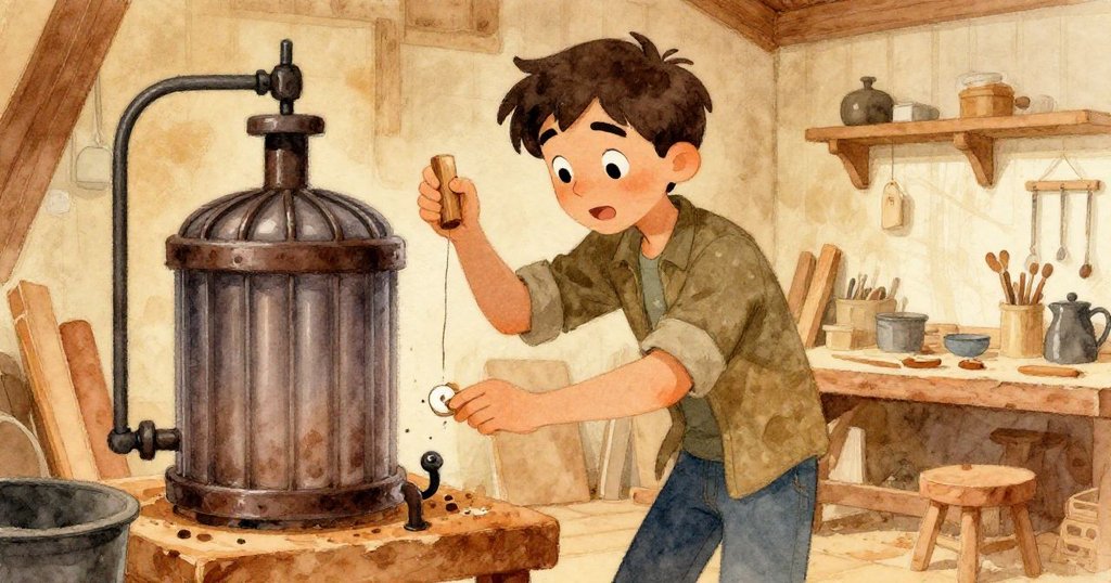 奎因發現釀汁機滴漏源頭,驚喜中嵌入薄木片止水,眼中透露出堅定與智慧。