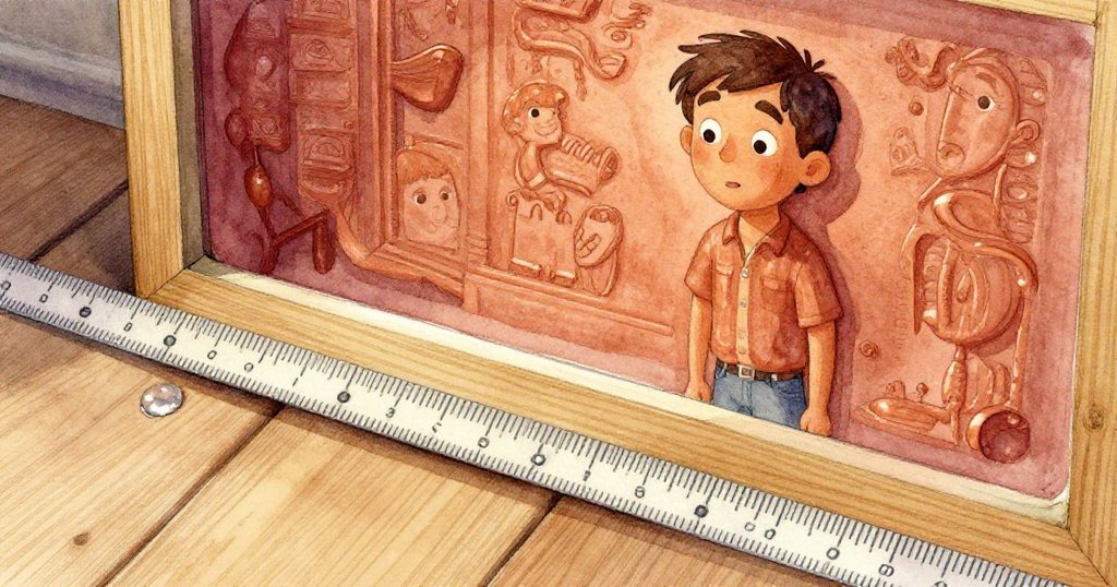 奎因滿意地注視著粘合完畢的木框,小小水珠沿尺子細流至地板,溫暖光影中充滿成就感。