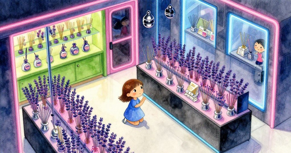 Hana在現代感的室內店裡從上方視角挑選薰衣草香,眼神專注,周圍陳列整齊且燈光明亮。