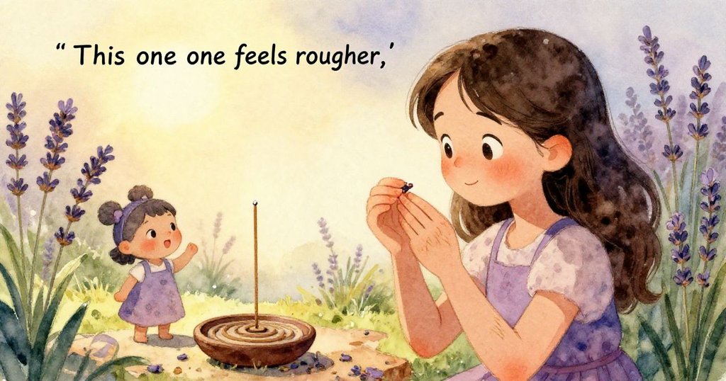 Hana的手細膩地轉動著粗糙香枝,細節豐富,背景隱約映出溫暖現代店內氛圍。