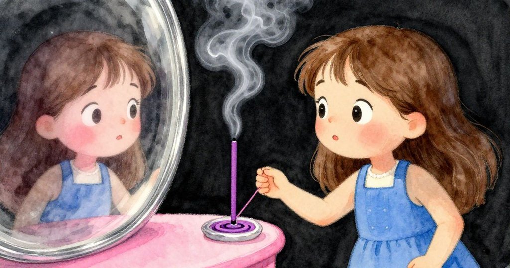 Hana透過反光玻璃凝視自己專注點燃香枝的瞬間,淡淡薰衣草煙霧優雅地飄起,表情認真。