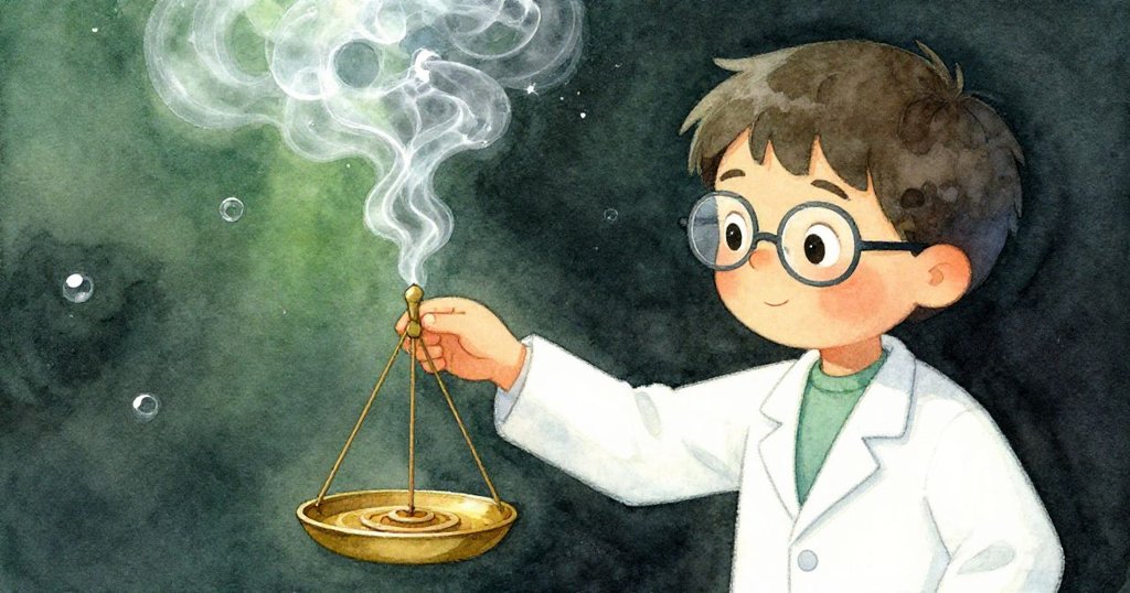 小醫生溫柔地將香束置於銅質秤上,淡淡煙霧宛如水中流動般盤旋,在柔和光影中營造神祕感。