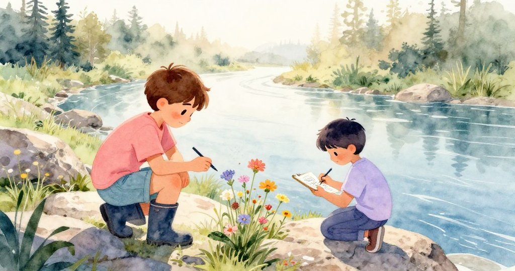 晨光中，Jasper在岩石邊蹲伏操作，Ivan在旁認真寫生，背景呈現柔和的冰藍與粉色調，充滿生機與期待。