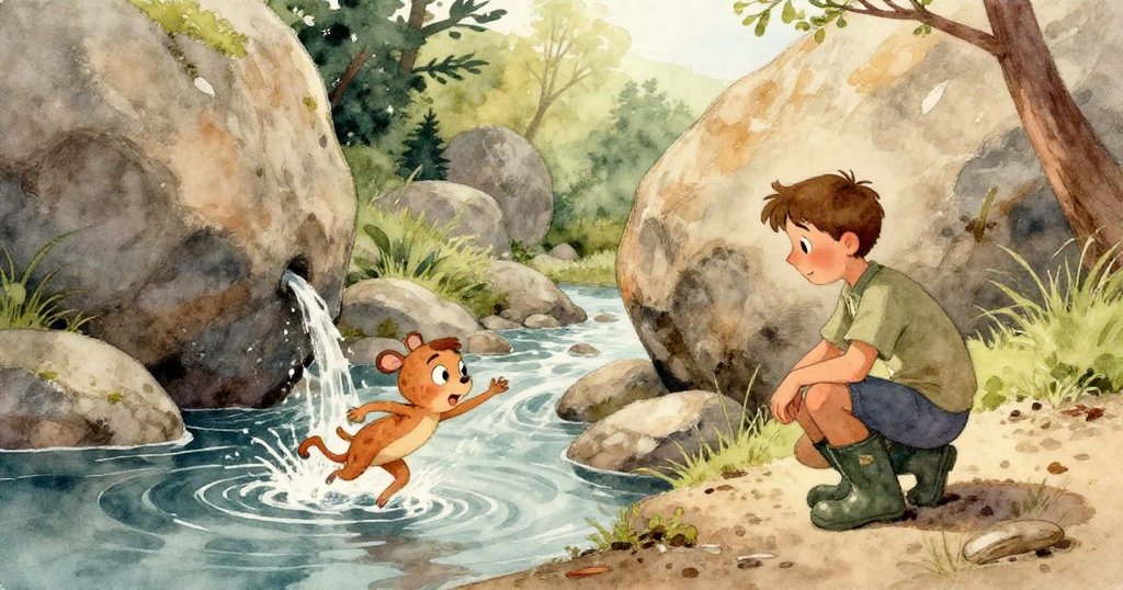 Jasper專注地用手將濕滑石頭推向粗糙的巨石，細膩手部特寫展現努力與決心，光影斑駁。