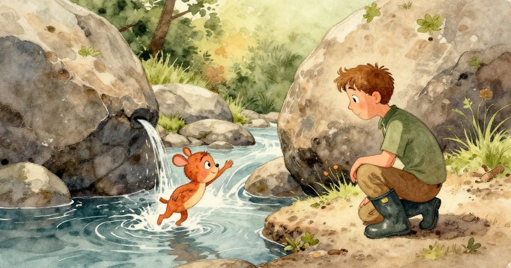 在淺水池中倒映出Jasper的橡膠靴與半掩圍繞的圓石，水面輕輕起伏，呈現出冰藍和銀灰色的柔和光影。