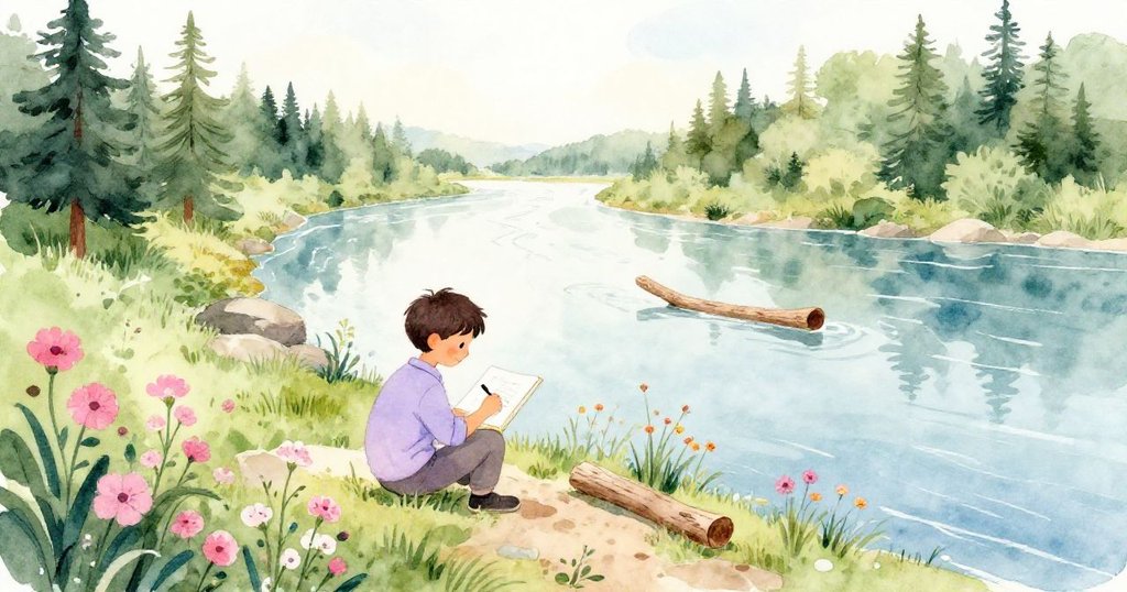 午後柔光中，Ivan專注寫生於盛開野花旁，漂流木靜靜橫過新築堰壩，自然與創作和諧相融。