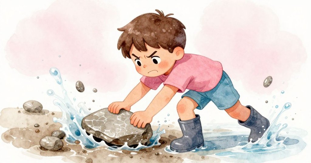 Jasper全神貫注地推動鵝卵石碎片，肌肉緊繃，水珠四濺，展現內心掙扎與決心，氣氛緊張。